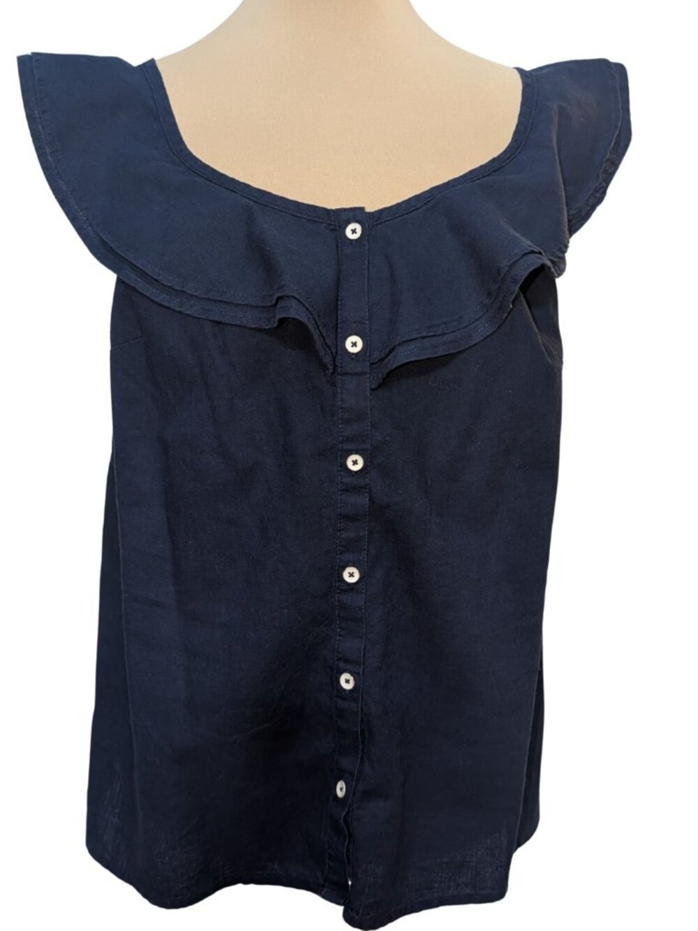 St. John's Bay Navy Blue Linen Cotton Blend Ruffle Button Down Blouse - Picture 2 of 6